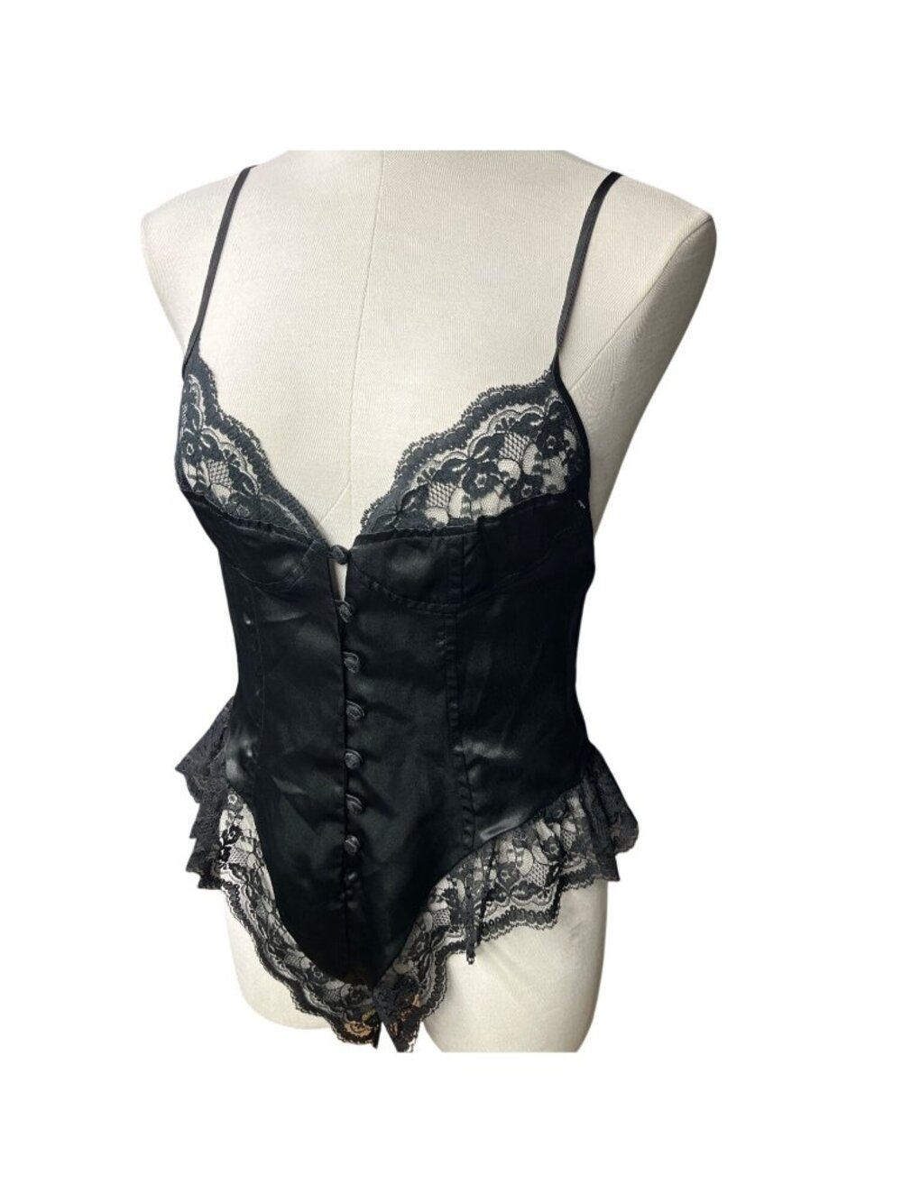Val Mode Black Lace Satin Bustier Teddy With Button Front & Ruffle Details Size